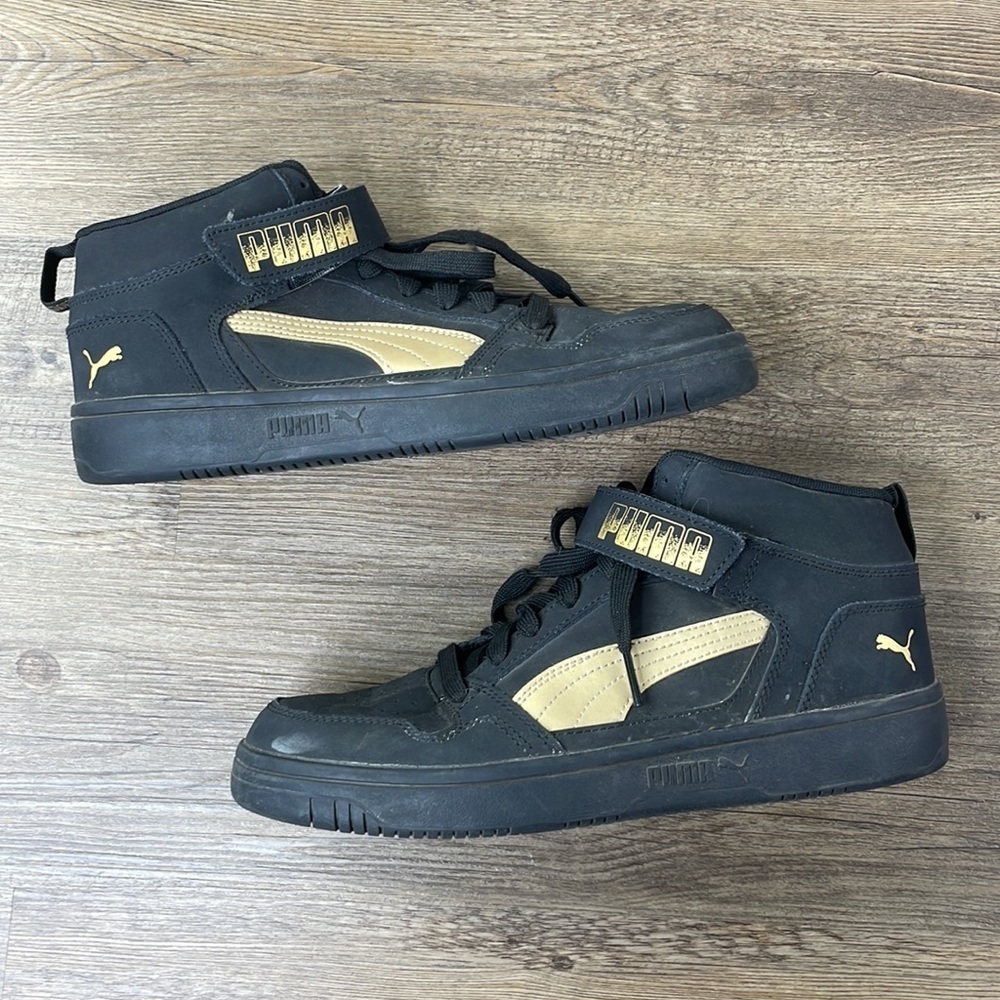 PUMA Men's Rebound LayUp High Top Black Gold Athletic Shoes, size 9.5